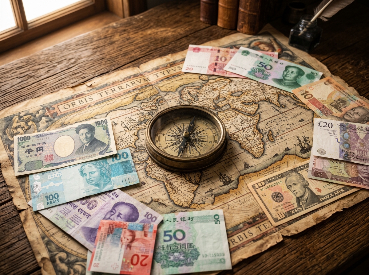 Vintage global trade route map with currency notes
